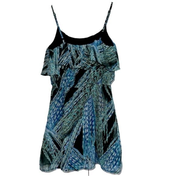 Lily Rose Mini Dress Blue Green Black Print Sleeveless Ruffle Mini Dress Medium - Picture 2 of 9